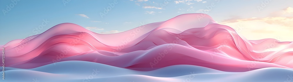 Wall mural A serene landscape of soft, flowing pink and white waves, evoking a sense of calm and tranquility under a clear blue sky, perfect for reflecting nature's beauty.