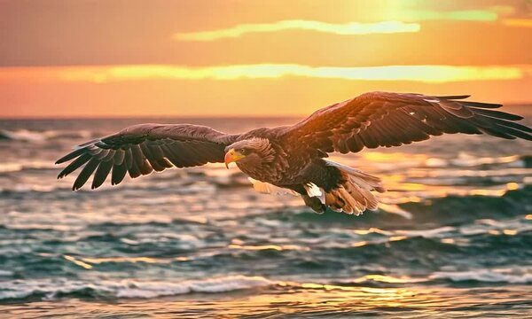 close up shot of an ecuadorian eagle flying over the a sunset at the sea.