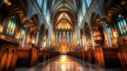 Majestic interior of a historic cathedral with ornate architecture and stained glass windows