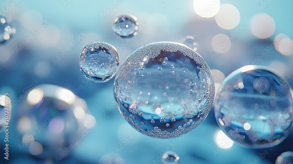 Poster closeup of translucent orbs floating in a light blue liquid, with bokeh in the background.