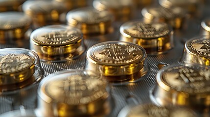 Golden bitcoin shaped medication tablets in pharmaceutical packaging, suitable for medical technology articles, healthcare innovation blogs and pharmaceutical marketing materials.