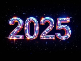 3D font 2025 made of glowing crystals with sparkling effects on a dark cosmic background