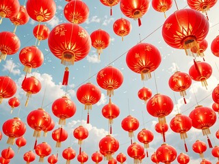 3D Pattern of Red Lanterns Hanging in Vibrant Sky Celebrating 2025 Chinese New Year, Symbolizing Prosperity and Good Luck