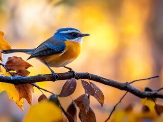 Obraz premium Autumn's Jewel: A vibrant blue and orange bird perches gracefully on a branch adorned with autumn leaves, bathed in the warm glow of the setting sun. 