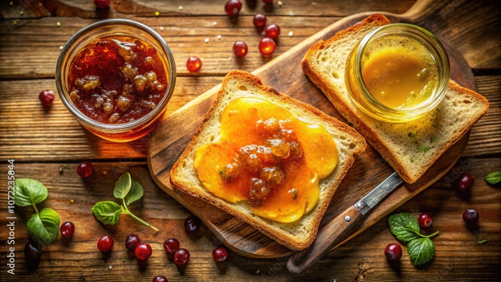 Aufkleber a rustic wooden table with two pieces of toast topped with orange jam and a jar of jam in the backgr