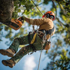A tree surgeon skillfully trims high branches while suspended in a harness, surrounded by flying sawdust, with a vibrant park and clear blue sky below