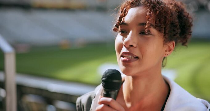 Sports, broadcast and microphone with woman at stadium for athlete event, television presenter or live game update. News anchor, reporter and championship commentator with person at arena for speaker