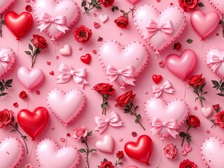 A Playful 3D Pattern of Heart-Shaped Balloons, Pink Bows, and Red Roses, Perfect for Fun and Festive Valentine's Day Celebrations