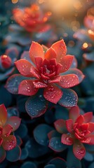 Vibrant red succulent flowers with water droplets in dreamy bokeh background, perfect for nature photography, greeting cards and romantic designs.