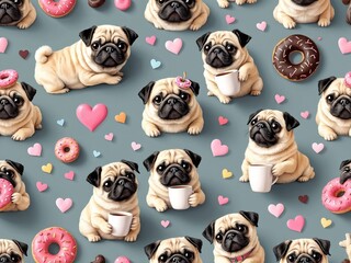 A Fun 3D Pattern Background Featuring Playful Pugs with Donuts and Coffee Cups, Surrounded by Cute Hearts, Ideal for Dog-Themed Café Designs and Pet-Lover Graphics