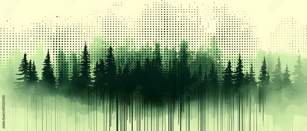 Aufkleber a serene forest silhouette with towering evergreen trees against a soft green gradient background, e
