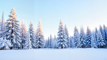 Fototapeta premium Frosted pine trees on a snowy field with soft blue sky