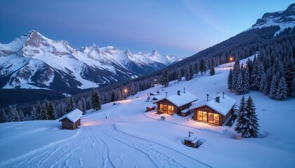 Fototapeta premium Snow-covered mountain cabins at dusk with warm glowing lights