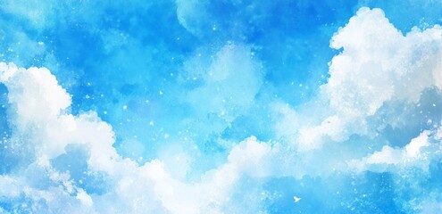 Watercolor Painting of a Blue Sky with White Clouds