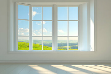Fototapeta premium A serene window view showcasing lush green hills under a blue sky in bright daylight