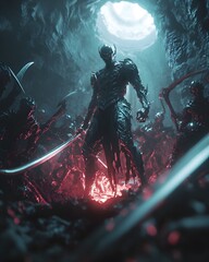 Dark Warrior Fighting in Ominous Volcanic Underworld