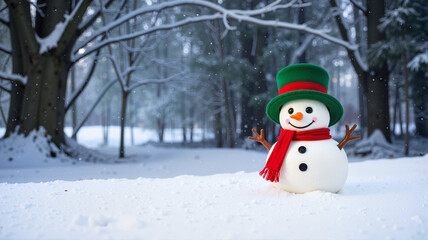 Snowman with red scarf and green hat in winter forest

