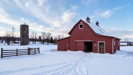 Red barn in snowy rural landscape under blue sky

