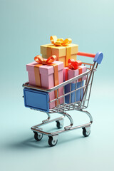 Shopping cart with gift boxes of different colors.