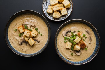 A photo of two bowls of creamy mushroom soup