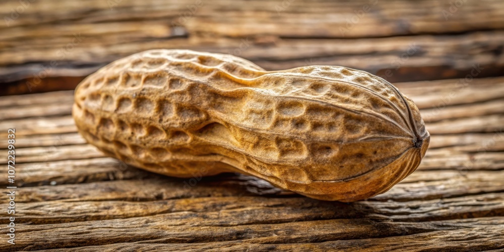 Poster a single peanut in its shell, resting on a weathered wooden surface, showcasing the intricate detail