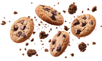 Chocolate cookies and crumbs on white background