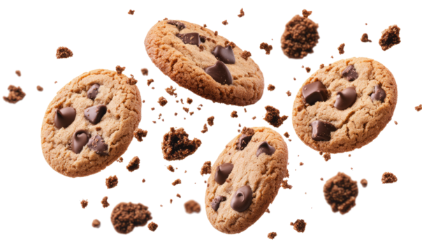 Chocolate cookies and crumbs on white background