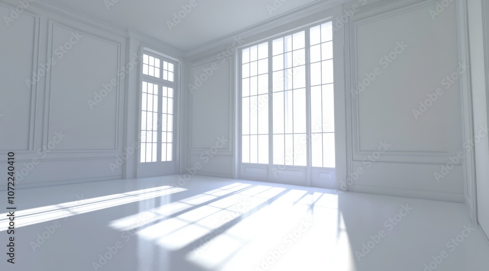 Poster 3d rendering of an empty white room with a window and a sunlight shadow on the wall.