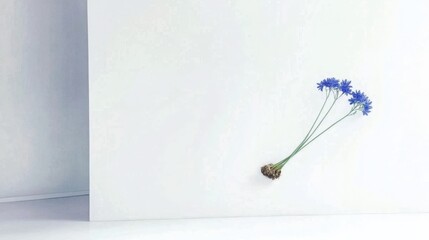 Minimalist floral arrangement with blue flowers on a plain background