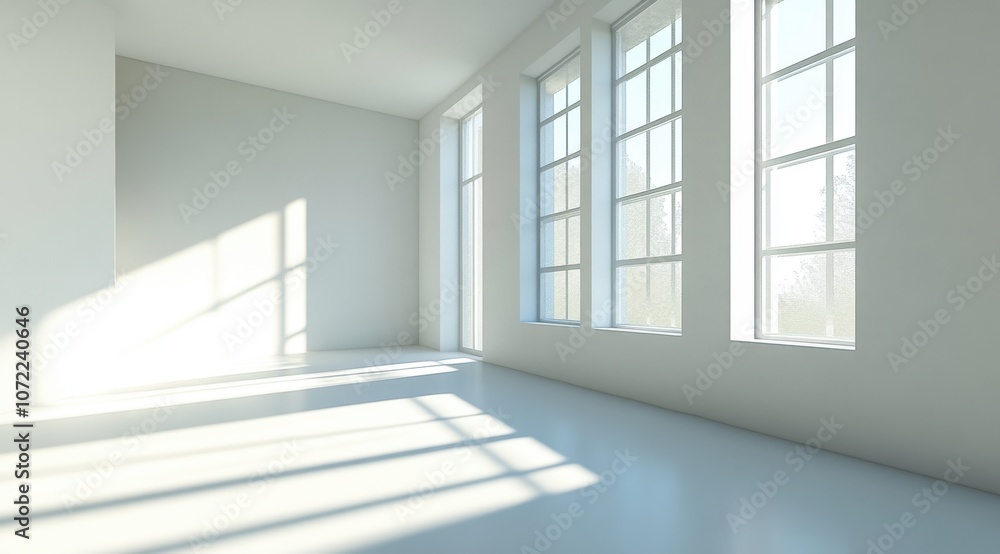 Poster 3d rendering of an empty white room with a window and a sunlight shadow on the wall.