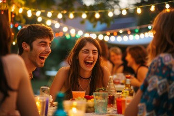 Friends Enjoying a Lively Outdoor Gathering under Twinkling Lights