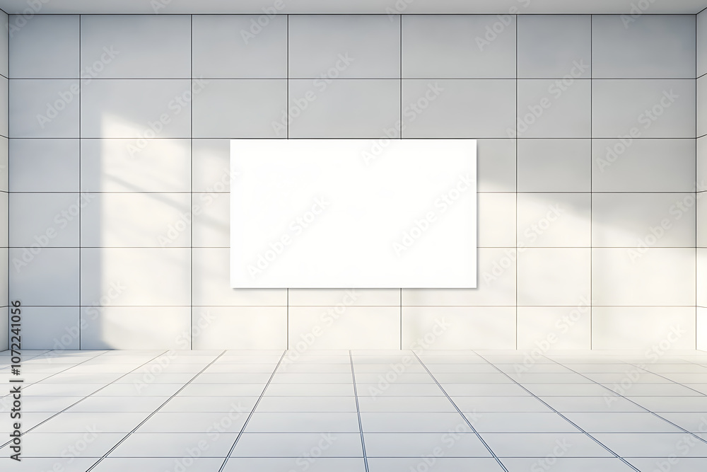 Poster blank canvas on tiled wall in modern empty room with light tiles. 3d rendering