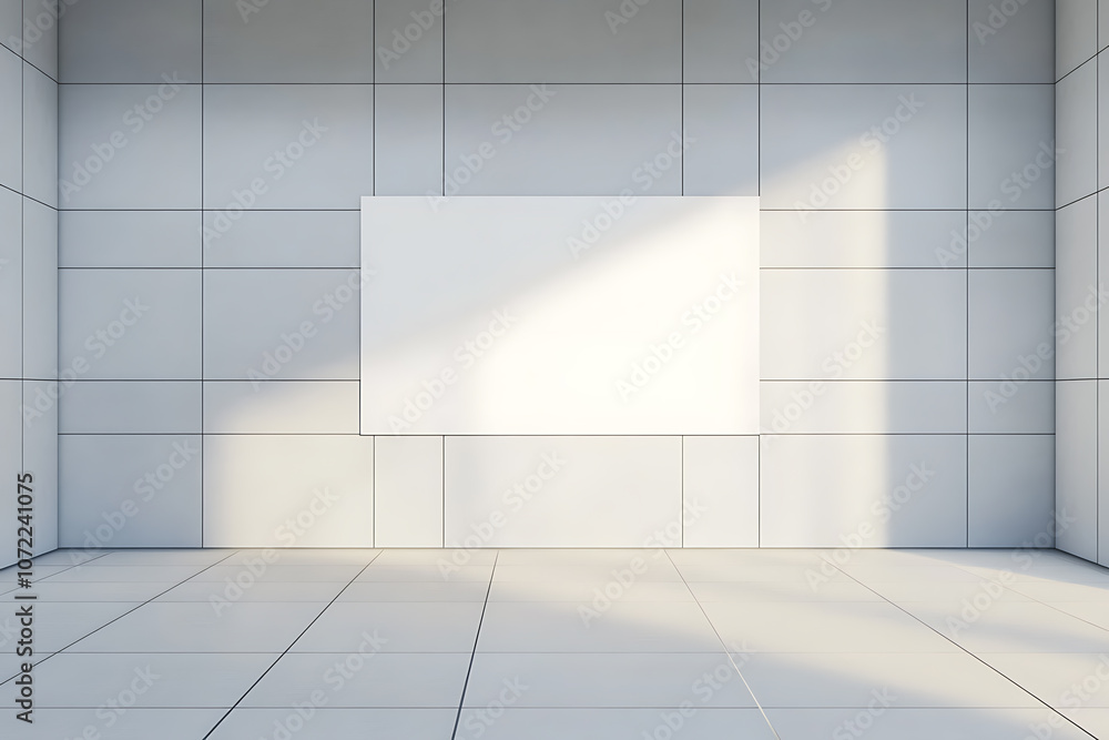 Poster blank canvas on tiled wall in modern empty room with light tiles. 3d rendering