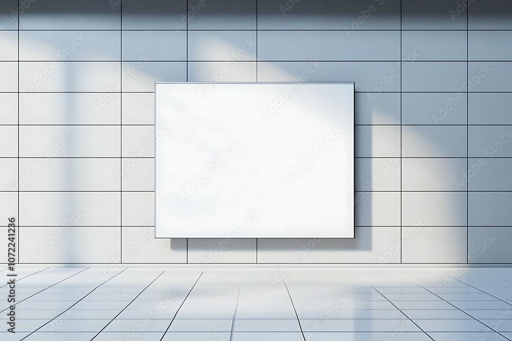 Poster blank canvas on tiled wall in modern empty room with light tiles. 3d rendering