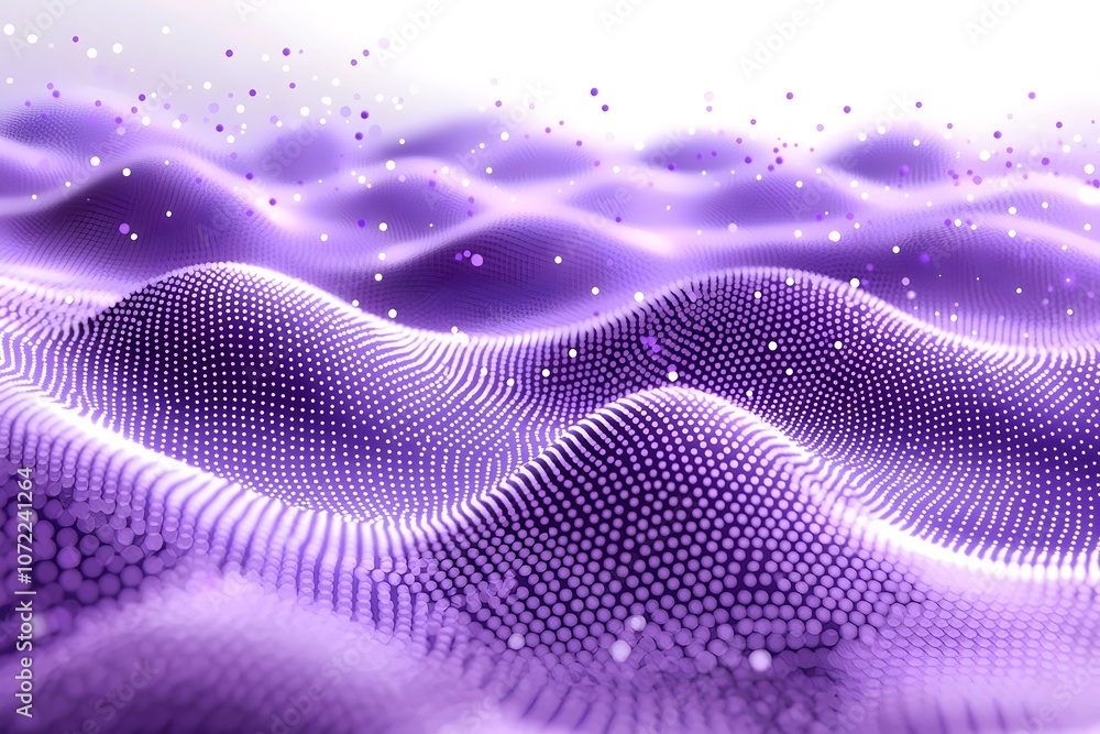 Poster abstract landscape featuring undulating purple hills, adorned with shimmering particles that evoke a