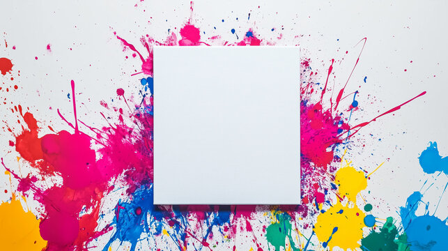 Cornice bianca con tutto attorno spruzzi colorati. Spazio per foto testo o messaggio.