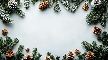 Christmas border of pine branches, gold pine cones, and ornaments