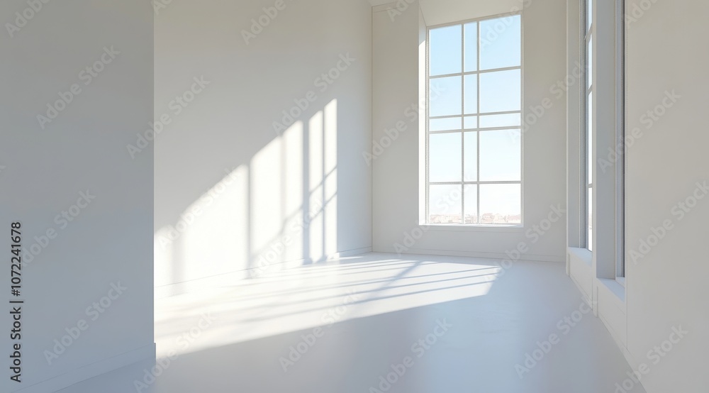 Poster 3d rendering of an empty white room with a window and a sunlight shadow on the wall.