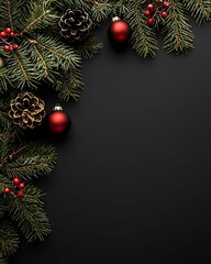 Festive pine branches adorned with red baubles, gold pine cones, and berries set against a dark, elegant background for holiday decoration.