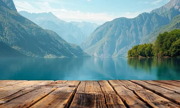 Inviting wooden deck with a serene view of a mountain lake and majestic peaks