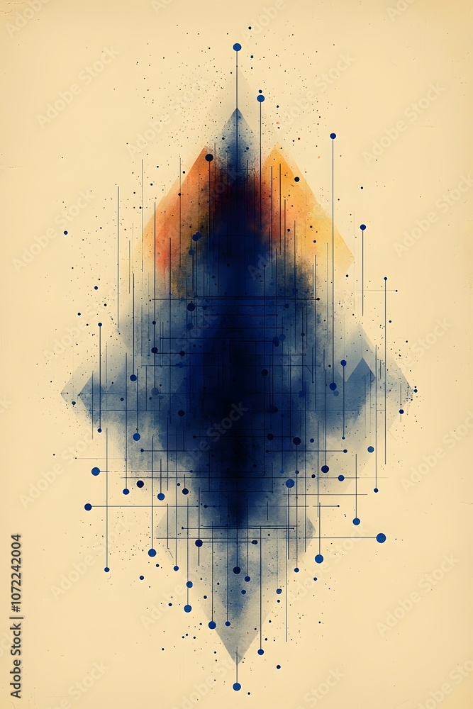 Poster an abstract geometric composition featuring a blend of dark blue and warm orange hues, highlighted b