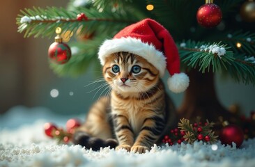 Christmas cat in red Santa hat. Portrait of a fat fluffy cat next to a gift box on the background of the Christmas tree.