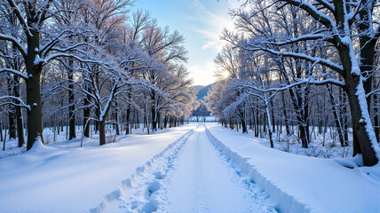 Snowy winter pathway through a forest with sunlight filtering through


