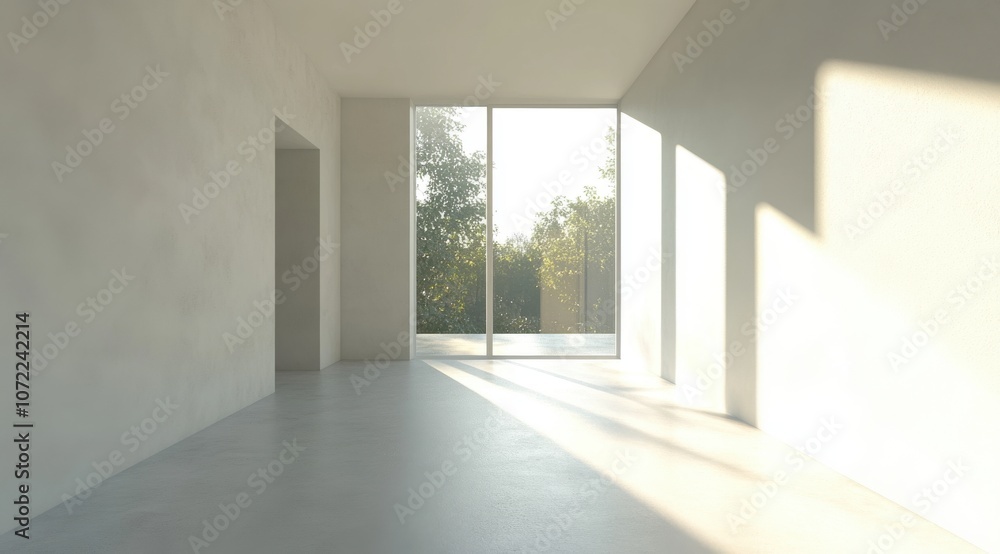 Poster 3d rendering of an empty white room with a window and a sunlight shadow on the wall.