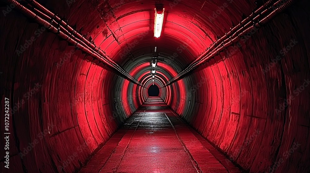Poster symmetrical tunnel with red lights and dark background, creating an atmospheric and engaging visual 