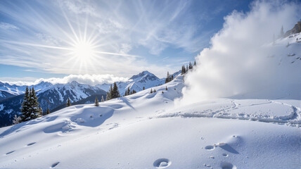 Obraz premium Bright Sun Over Snowy Mountain Landscape with Fog