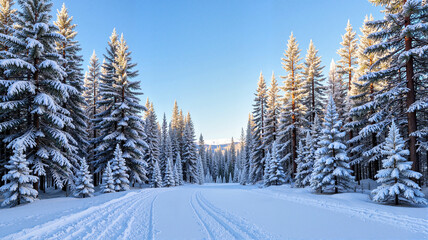 Fototapeta premium Snow-Covered Forest Path with Tall Pine Trees in Winter
