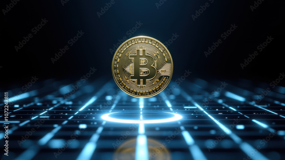 Poster a graphical representation of bitcoin as a stablecoin with futuristic technology imagery in the back