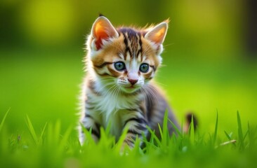 A cute orange kitten is playing in the grass, its bright green eyes full of curiosity. A kitten is enjoying the warm sunshine as it lies in a patch of green grass, its whiskers twitching slightly