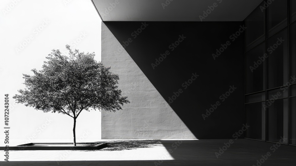 Poster empty plaza with a single tree, set against modern architecture, minimal shadows and neutral tones.